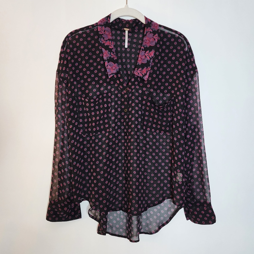 Free People black print sheer button down blouse size S